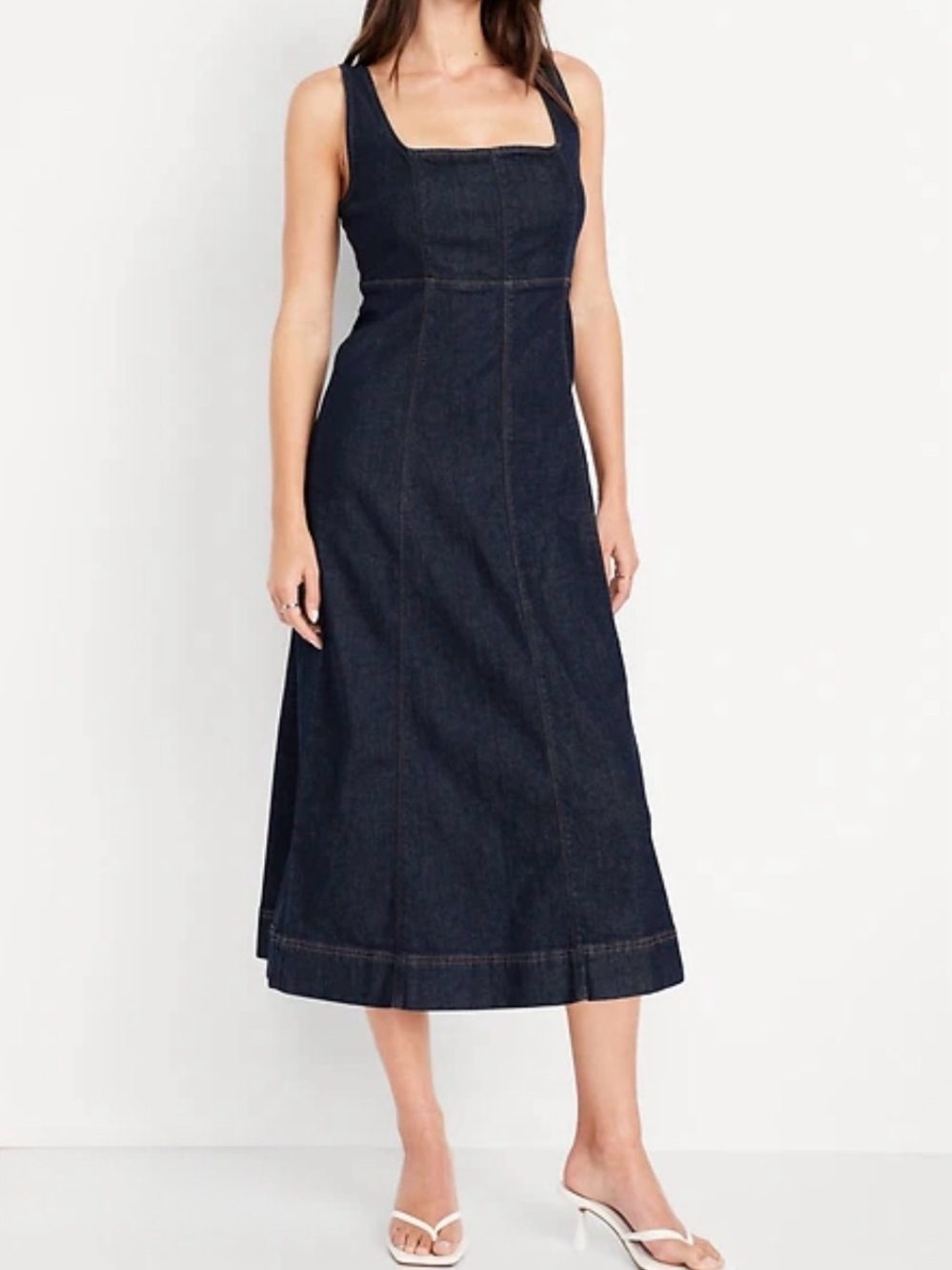 Dark Blue Denim Midi Dress with Square Neck